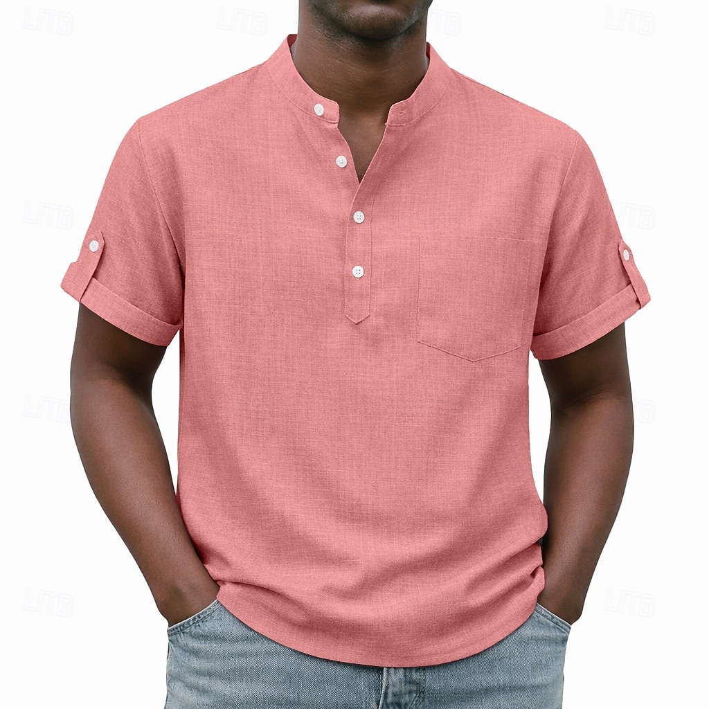 Men's Shirt Popover Shirt Casual Shirt Button Up Shirt Light Pink Black Yellow Light Green Pink Short Sleeve Plain Grandad Collar Casual Daily Clothing Apparel Elegant Fashion Casual 2026 - $26.99 –P9