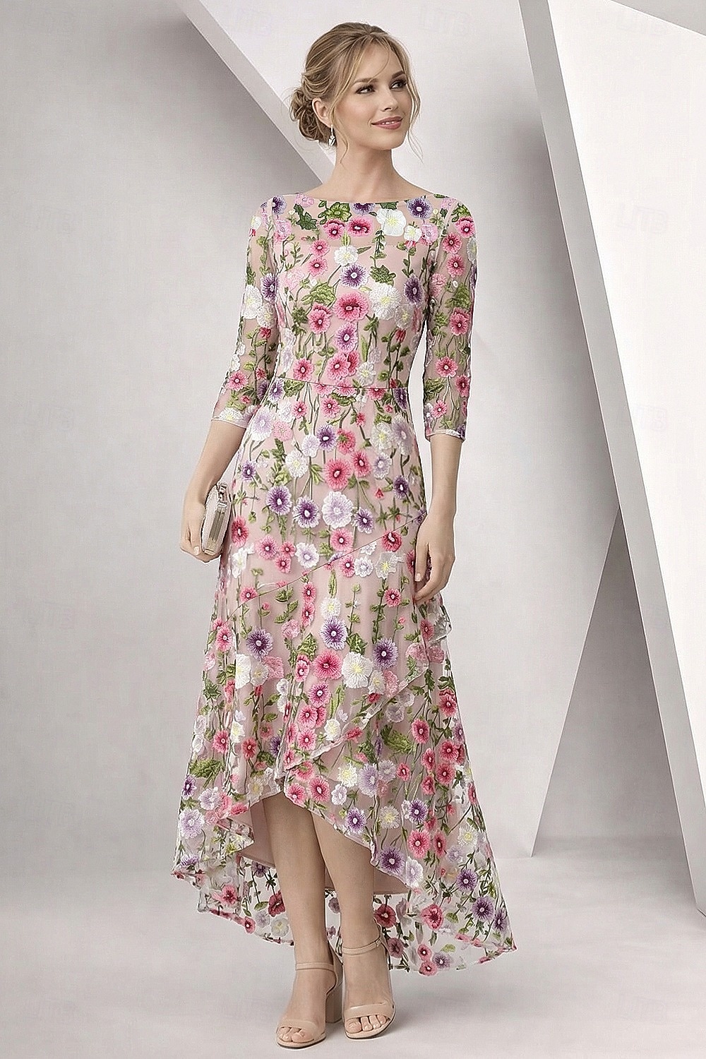 A-Line Dress High-low Dress Ankle Length Cocktail Dress Mother of the Bride Dress 3/4 Length Sleeve Boat Neck Elegant Simple Formal Wedding Guest Semi Formal with Ruffles Embroidery Appliques 2026 - $205.89 –P1