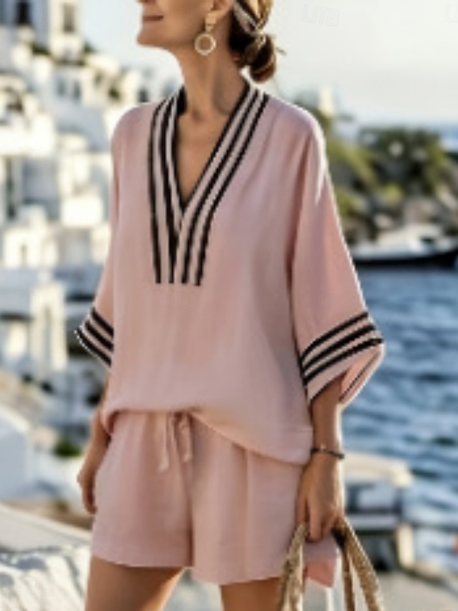Women's Linen-feel Set Shorts Sets 3/4 Length Sleeve V Neck Striped Vacation Daily Casual Daily Outdoor Black White Khaki Summer Loose Fit 2026 - $42.99 –P4