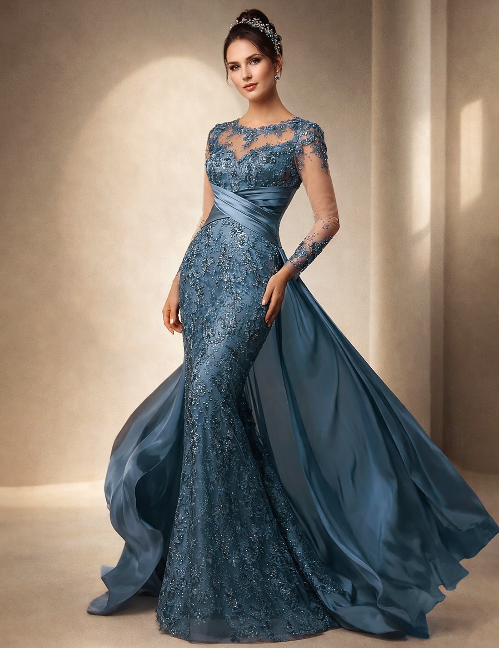 Trompetă  Sirenă Mătura Trenă Rochie pentru invitata de nunta Rochie formala Rochie de seara Rochie Mama Miresei Manșon Lung Bijuterie Elegant Invitat la nunta Seară Formală Satin întins cu Dantel 2026 - $209.99 –P1