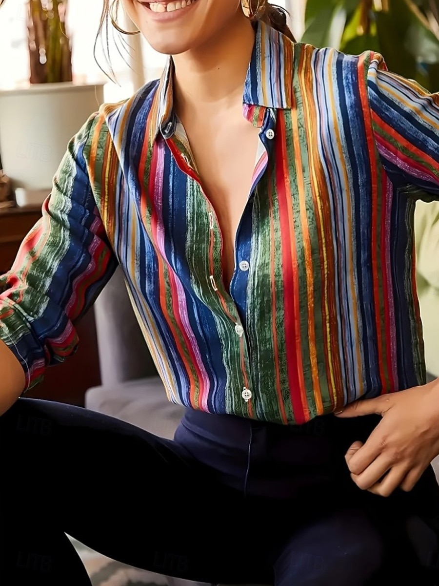 Per donna Camicia Blusa Patchwork Bottoni Stampato Grafico Geometrico Vintage Tropicale Quotidiano Manica Lunga Colletto a Camicia Top Regolari Quotidiano Blu Rosso Estate Primavera del 2026 a $32.99 –P2