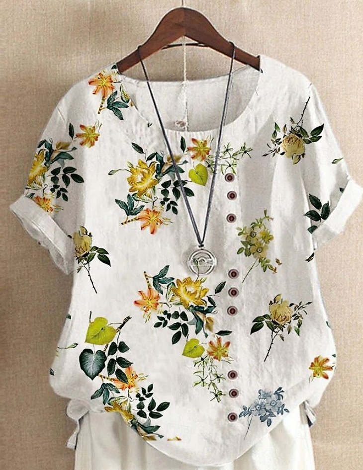 Women's Shirt Blouse Faux Cotton Linen Print Floral Graphic Casual Short Sleeve Crew Neck Long Tops Daily White Summer Spring 2026 - $25.99 –P2