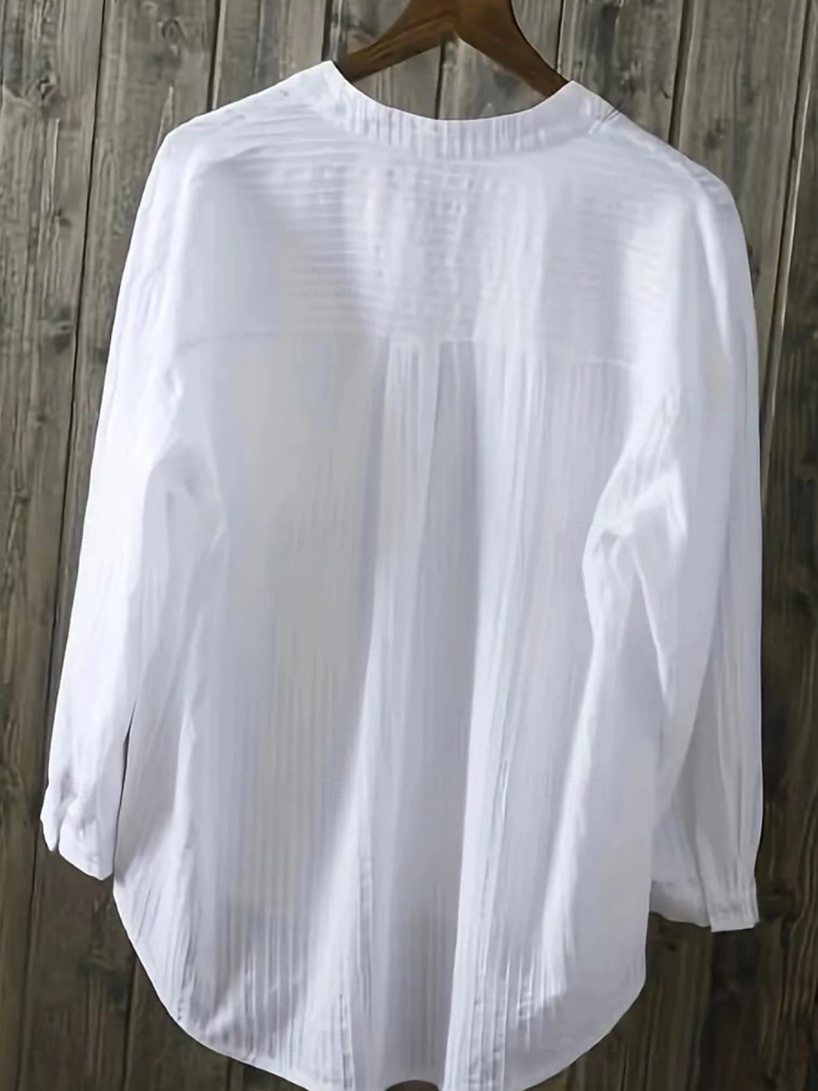 Women's 100% Cotton Blouse Shirt Faux Linen Solid Color Elegant Daily Basic Long Sleeve V Neck Regular Tops Daily Black White Yellow Purple Spring Fall 2026 - $34.99 –P2
