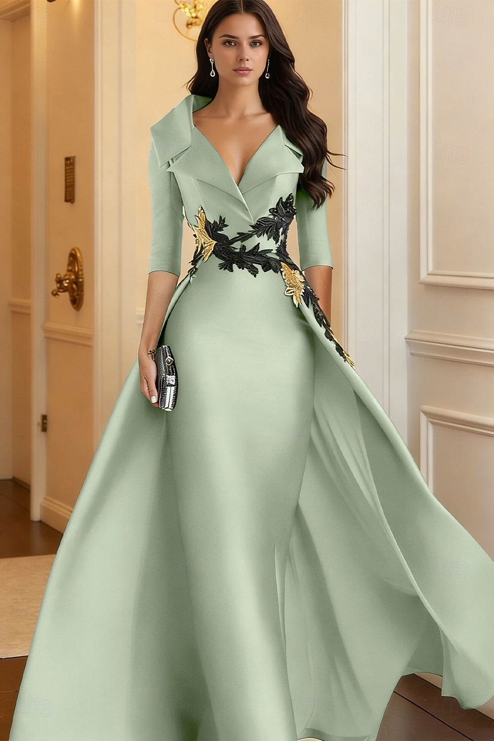A-Line Floor Length Evening Gown Elegant 3/4 Length Sleeve Shirt Collar Formal Satin with Appliques 2026 - $186.99 –P14