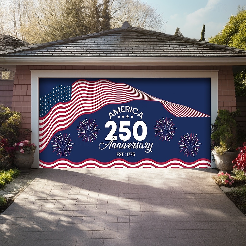 4th of July 2026 250th Memorial Day Anniversary 1775 Wavy American Flag Stars Stripes Fireworks Garage Door Banner Patriotic Outdoor Decoration Independence Day 4th of July Celebration Mural Backdrop 2026 - $49.99 –P3
