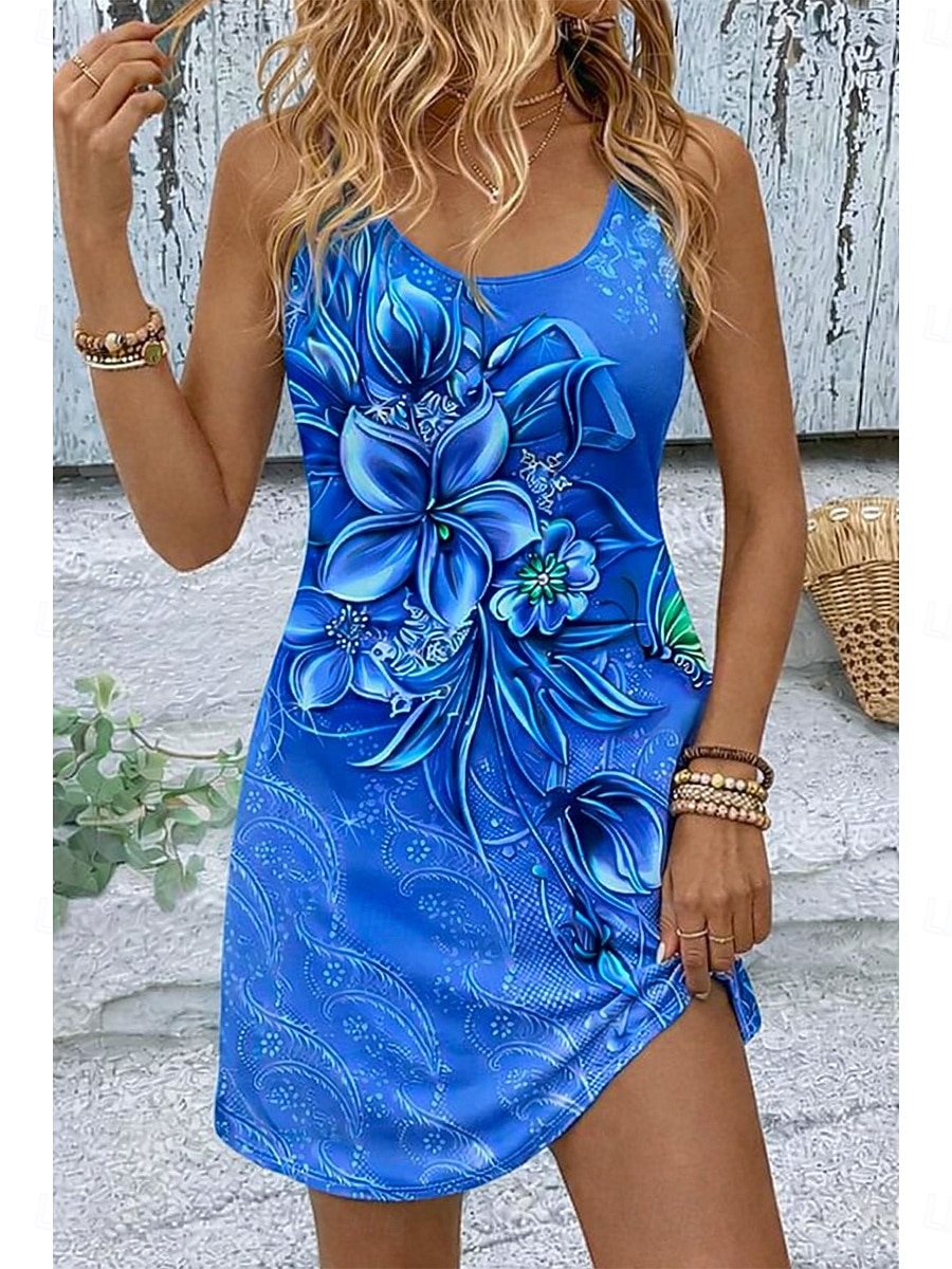 Dam Mini klänning Solklänning A linjeklänning Sommarklänning Semester Ledigt Boho Strand Fest Bröllop Smal Blommig Grafisk Ärmlös U-hals Blå Gul Rodnande Rosa Rubinrött Sommar Vår 2026 - $8.99 –P3