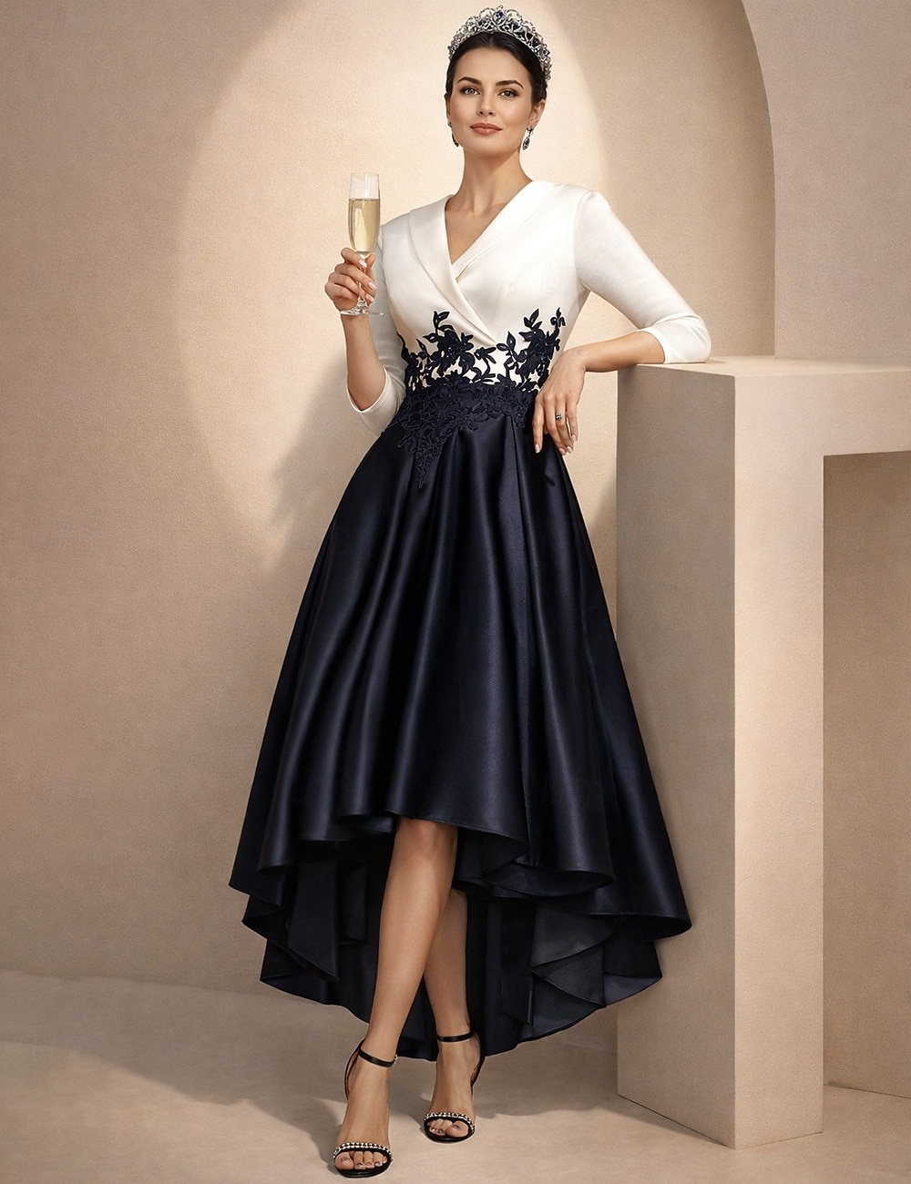A-Linie Asymmetrisch Tee-Länge Partykleid Cocktailkleid Kleid für Hochzeitsgäste Brautmutterkleid Dreiviertelarm Hemdkragen Elegant High-Low Formell Hochzeitsgast Satin Spitze mit Applikationen 2026 - $157.99 –P3