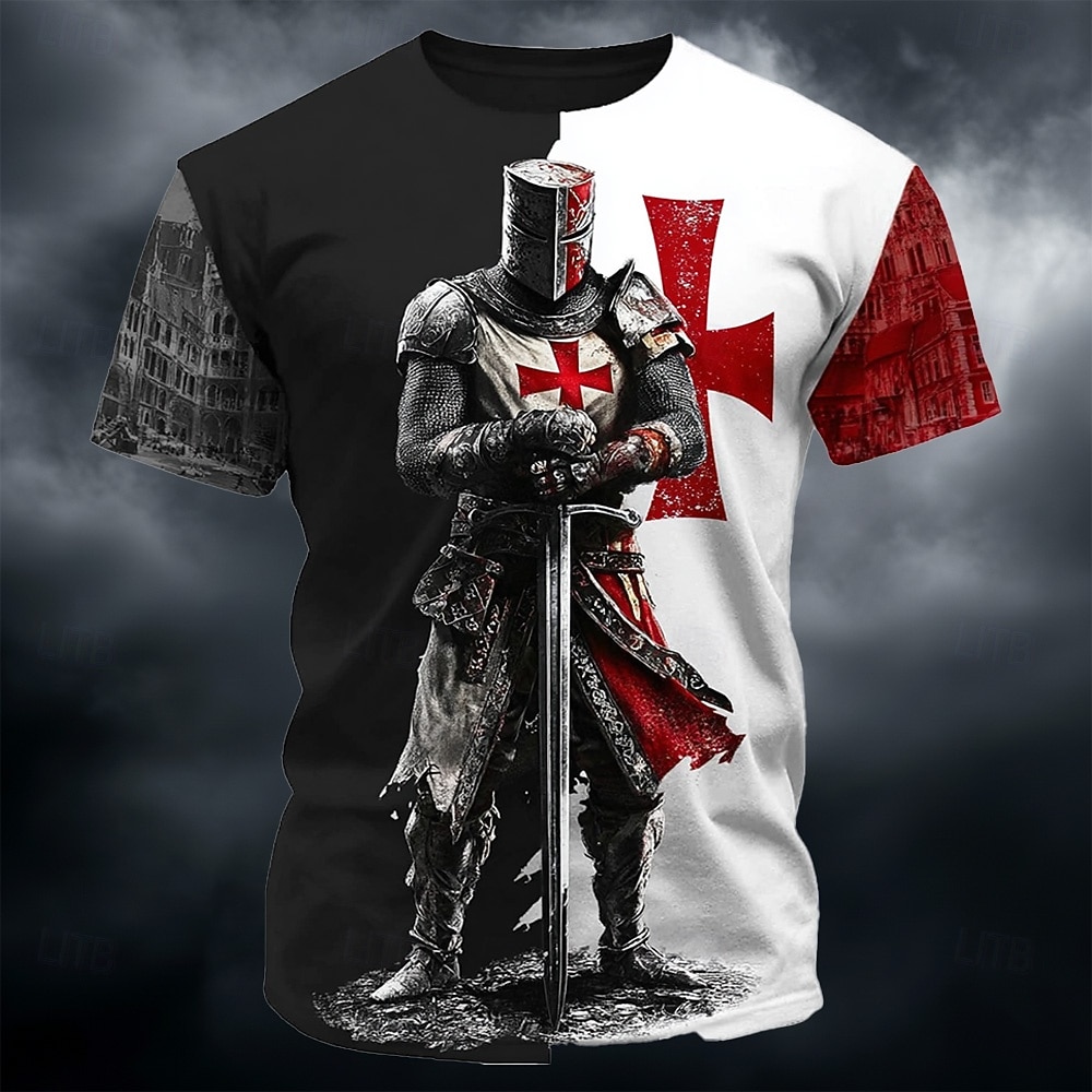 تي شيرت رجال الحروب الصليبية فرسان الهيكل محارب عتيق طباعة كاملة كل مكان صليب أحمر مقسم أسود أبيض جرافيك قصير الأكمام طويق قميص تصميم عتيق ملابس مصممة 2026 - $21.99 –P2