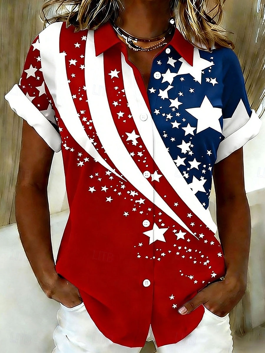 Koszula damska na Dzień Niepodległości Ameryki krótki rękaw graficzna flaga vintage stylowa casual kołnierzyk zwykła góra codzienna biała czerwona lato wiosna 2026 - $26.99 –P1