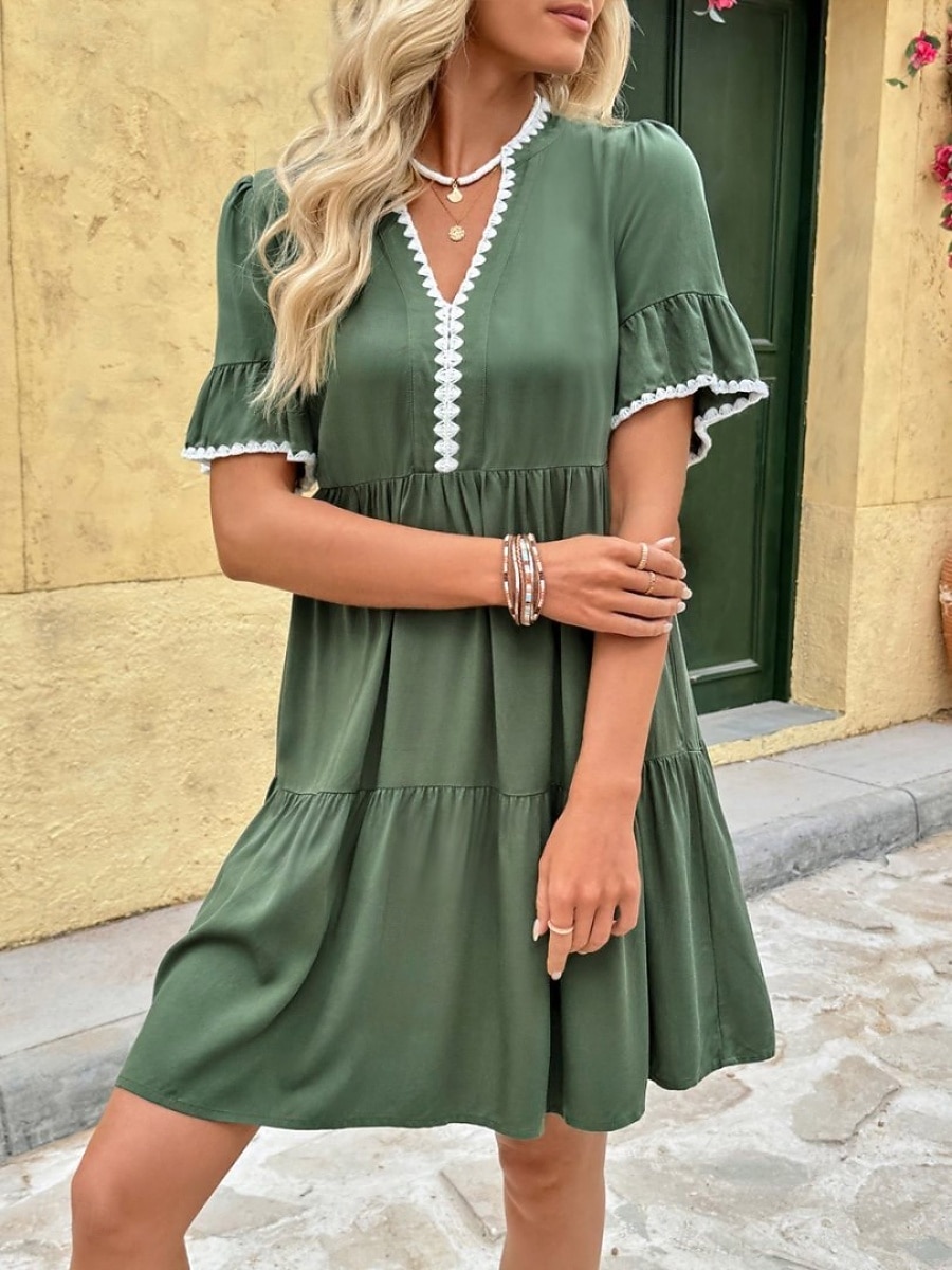 Dames Mini-jurk A lijn jurk Zomerjurk Casual Dagelijks Normale pasvorm Effen Korte mouw V-hals Groen Zomer 2026 - $36.99 –P5