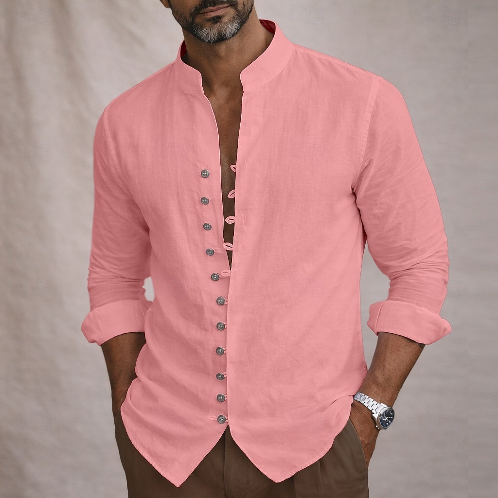 Men's Shirt Linen Shirt Summer Shirt Casual Shirt Button Up Shirt Plain Casual Daily Blue Black White Pink Long Sleeve Stand Collar Summer Spring Clothing Apparel Button Front 2026 - $25.99 –P7