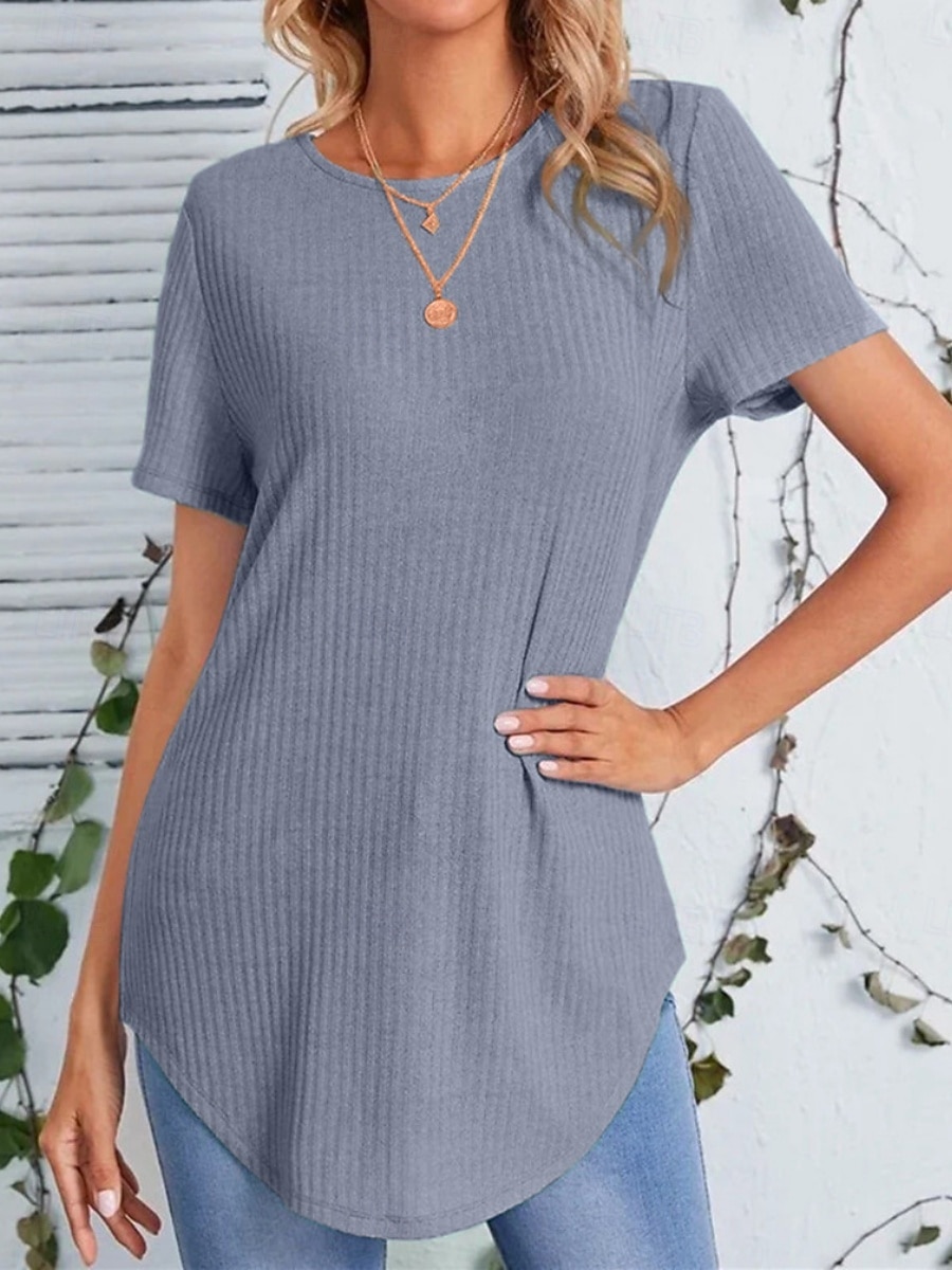 Femmes T-shirt Couleur Unie Mode Classique Occasionnel Manche Courte Col ras du cou Hauts Longs Quotidien Sortir Week-end Noir Violet Claire Chameau Bleu clair Été Printemps de 2026 ? $21.99 –P1