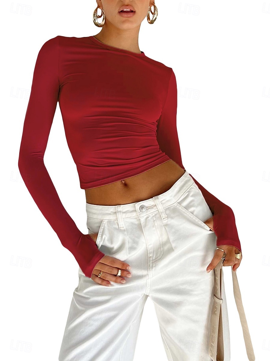 Per donna Maglietta Top Lungo in Cotone Tinta unica Moda Classico Casual Manica Lunga Girocollo Top corti Quotidiano Uscire Weekend Bianco Rosa Rosso Rosso rosa Primavera Autunno del 2026 a $19.99 –P4
