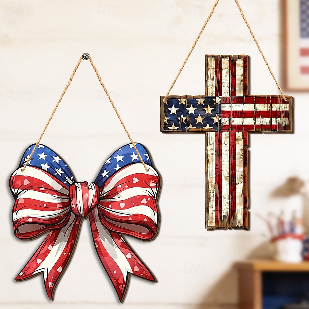 Letrero de madera para puerta conmemorativo del 250.º aniversario de la Independencia de Estados Unidos, estrellas blancas y rojas. &Decoración de la puerta principal con rayas blancas y lazo 2026 - $16.99 –P4