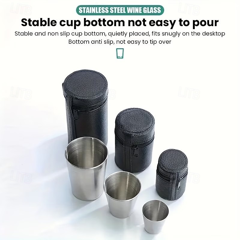 Juego de 5 vasos de acero inoxidable, vasos de vino portátiles con estuche de cuero, diseño en forma de bala, ideales para acampar, bares y restaurantes, duraderos y apilables, disponibles en 2026 - $12.99 –P8