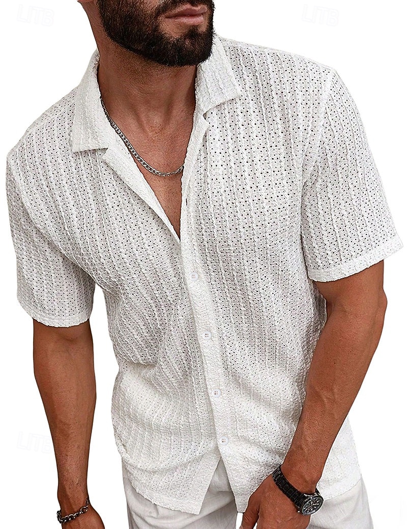 Per uomo Camicia Camicia casual Camicia Jacquard Nero Bianco Kaki Azzurro Manica Corta Semplice Colletto a Camicia Casuale Quotidiano Traforato Abbigliamento Poliestere Elegante Moda Casual del 2026 a $22.99 –P3