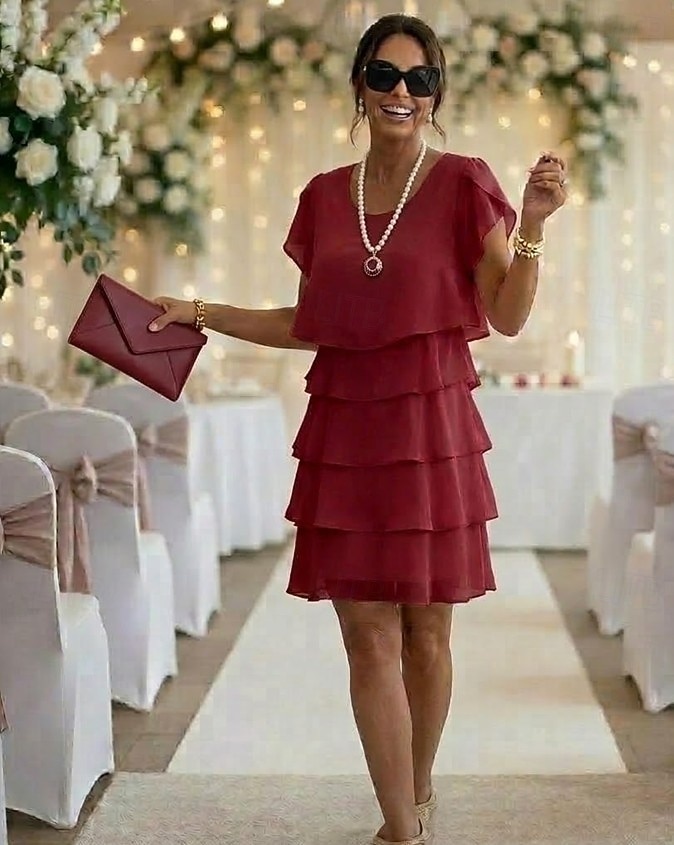Per donna Mini Abito Abito da Cocktail Abito da invitata a nozze Vestito in Chiffon Abito a Strati Elegante Classico Festa serale Data Uscire Vestibilità regolare Colore Puro Manica Corta Girocollo del 2026 a $34.99 –P2