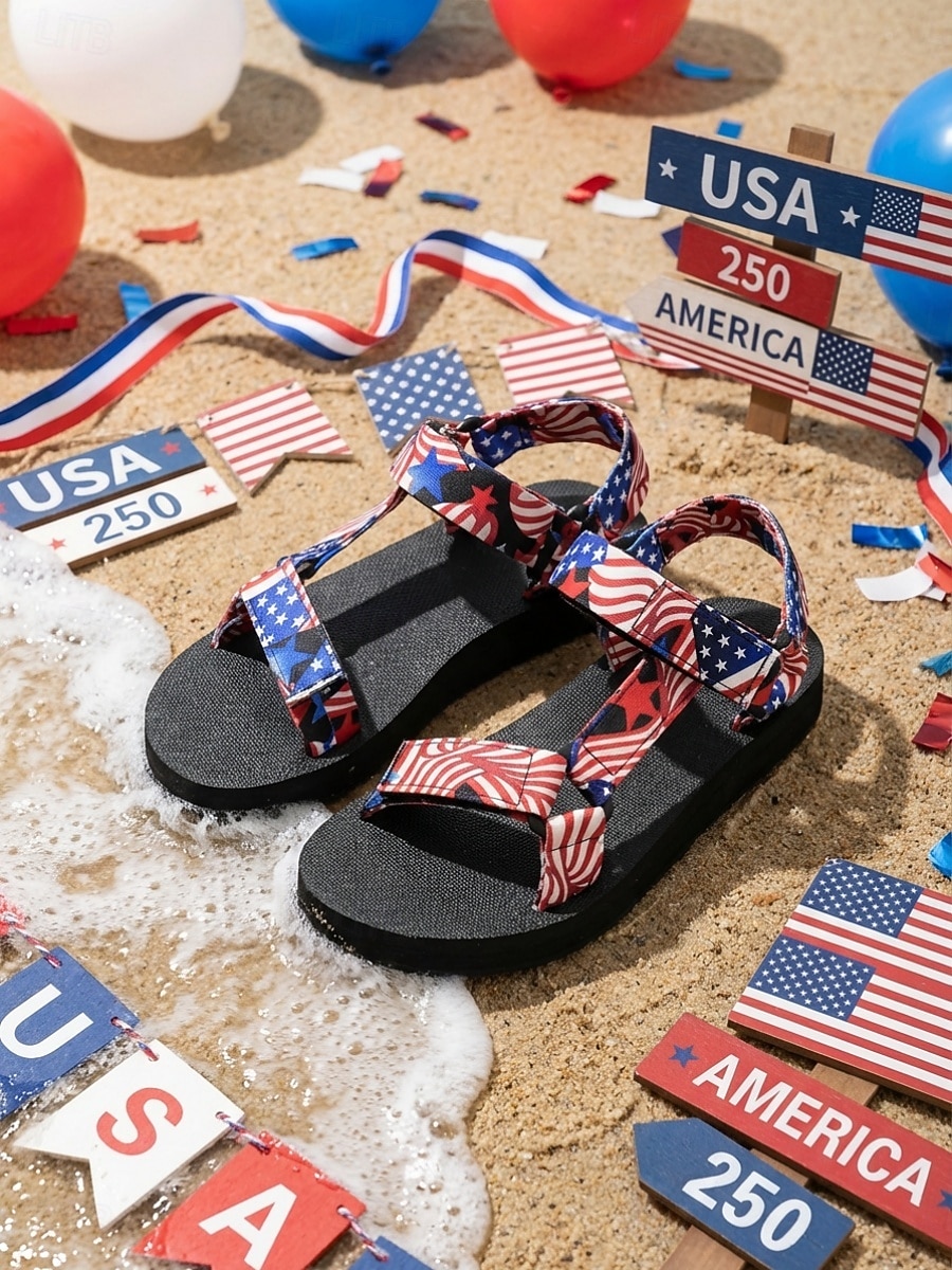 Γυναικεία μαύρα / κόκκινα σανδάλια για την 250ή επέτειο των ΗΠΑ - άνετα πατριωτικά σανδάλια με λουράκια και σχέδια με αστέρια και ρίγες για παραλία, παρελάσεις και εορτασμούς της 4ης Ιουλίου 2026 - $19.99 –P9