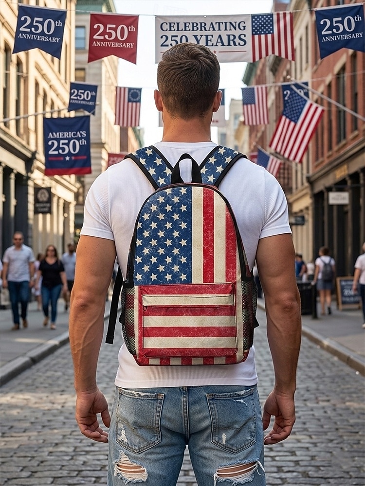 Unisex-Rucksack aus Polyester mit Print, Vintage-Design mit amerikanischer Flagge, großes Fassungsvermögen, strapazierfähig, ideal für den 250. Jahrestag, den Unabhängigkeitstag, Reisen und Outdoor-Aktivitäten. 2026 - $24.99 –P3
