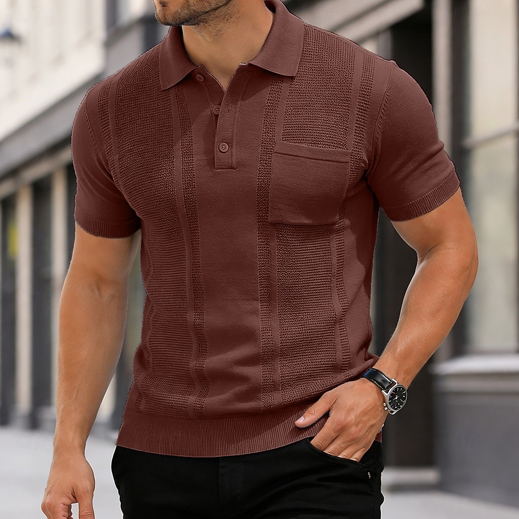 Homens Top de malha canelada Textura Casual Trabalho Lapela gola pólo com nervuras Manga Curta Básico Moderno Côr Sólida Tecido Botões Tricotado Primavera Verão Verão Primavera Normal Azul Marron de 2026 por $35.99 –P4