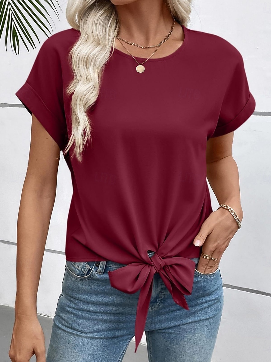 Femmes T-shirt Nœud Uni Mode Élégant Classique Manche Courte Col ras du cou Hauts Réguliers Quotidien Sortir Week-end Noir Blanche Vin Marron Beige Été Printemps de 2026 ? $24.99 –P8