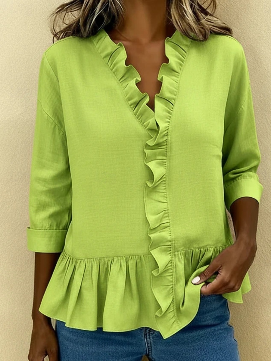 Per donna Camicie effetto lino Blusa Camicia di cotone Volant Tinta unica Quotidiano Elegante Essenziale Manica 3/4 Scollo a V Top Regolari Quotidiano Blu Nero Bianco Cachi Rosso Estate Primavera del 2026 a $24.99 –P1