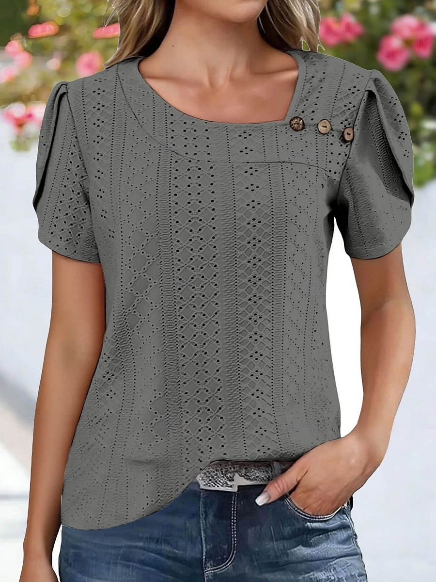 Γυναικεία Πουκάμισο Πουκάμισο Pointelle Κορυφή ματιών Μπλούζα Μικρή Οπή Κουμπιά Σκέτο Βίντατζ Στυλάτο Κλασσικό Κοντομάνικο Ασύμμετρο Κανονικά μπλουζάκια Causal Καθημερινά Παραλία 2026 - $18.49 –P5