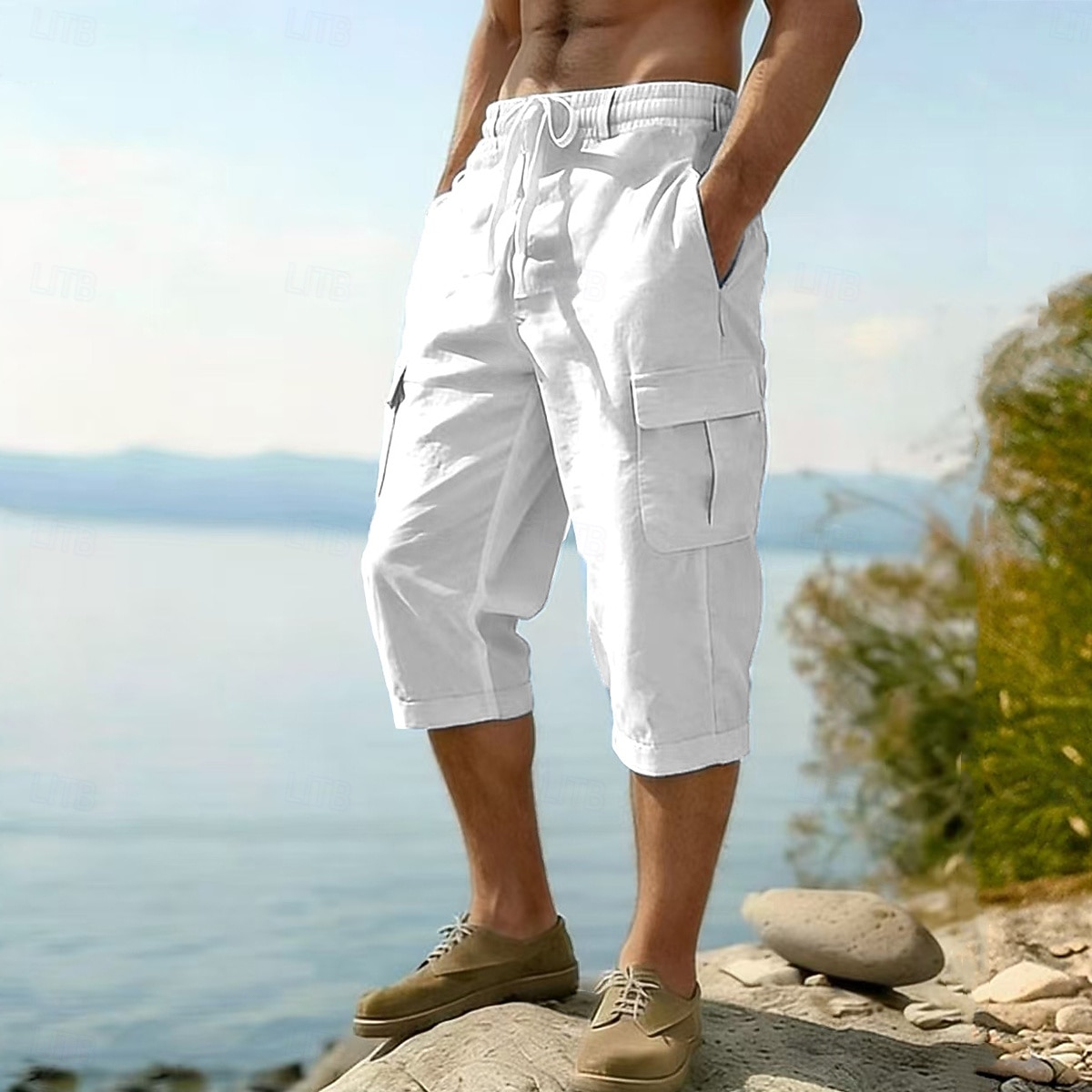 Homme Pantalons en Lin Pantalon capri Pantalon d'été Cordon de serrage Taille Élastique Multi-poches Uni Confort Respirant Longueur mollet Occasionnel Quotidien Extérieur Vacances Mode Bleu Noir Non de 2026 ? $24.99 –P6