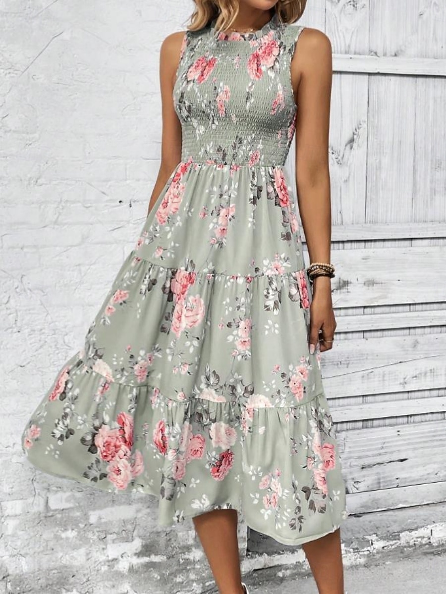Damskie Sukienka midi Codzienne sukienki Sukienka A line Sukienka w kwiatki Elegancja Moda Nowoczesny Na zewnątrz Urlop Wyjściowe Regularny Kwiaty Bez rękawów Półgolf Niebieski Biały Rumiany róż Lato 2026 - $27.99 –P15