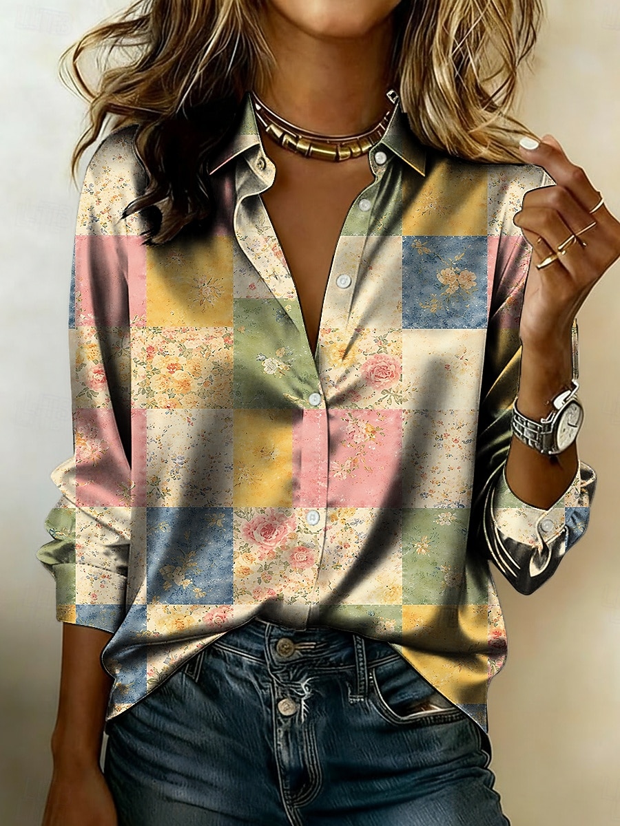 Per donna Camicia Camicia in raso Stampato Floreale Grafico Bohemien Vintage Classico Manica Lunga Colletto a Camicia Top Regolari Quotidiano Ferie Uscire Blu Giallo Rosa Verde Azzurro Estate del 2026 a $31.99 –P5