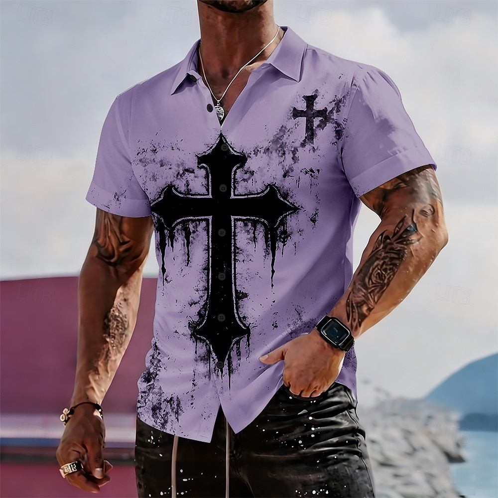 Herren Kreuz Religion Hemd Freizeithemd Knopfhemd Langarm Vintage-Retro Streetwear Urlaub Sommer Frühling Umlegekragen 3D-Druck Hemden mit Kragen Blau Weiß Purpur Khaki 2026 - $25.99 –P3