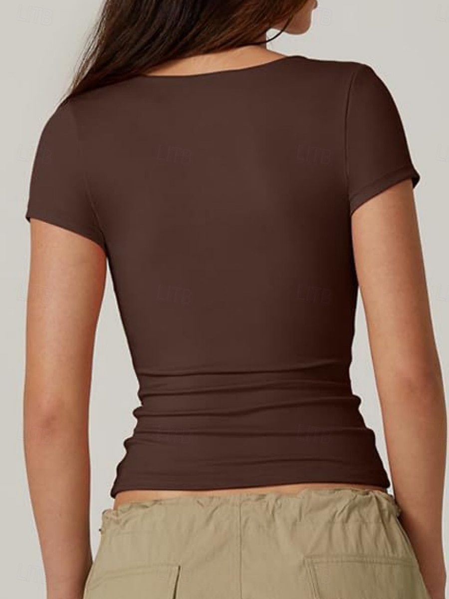 Women's T Shirt Tee Top Solid Color Stylish Basic Classic Short Sleeve V Neck Regular Tops Daily Going out Weekend Black White Wine Brown Dark Gray Summer Spring 2026 - $12.99 –P12