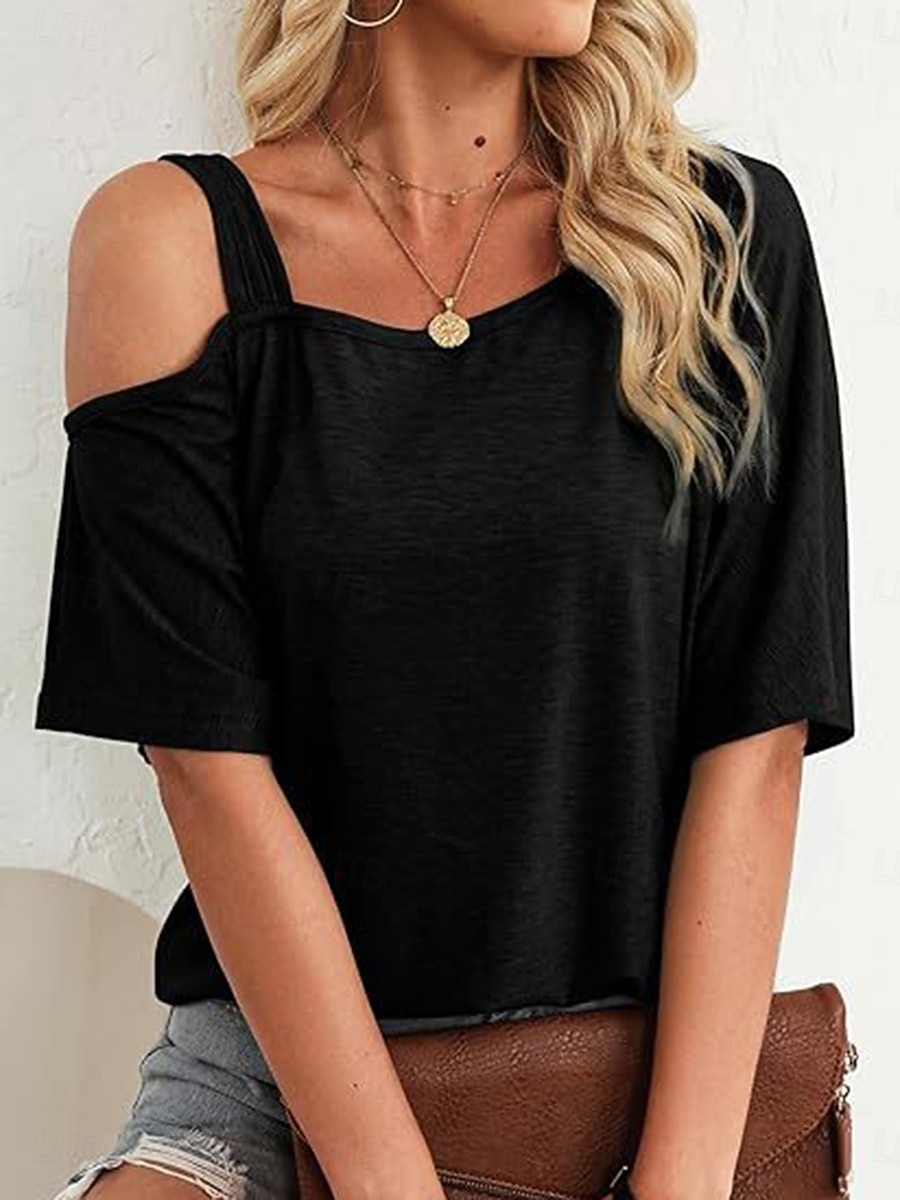 Femmes T-shirt Œillet Uni Mode Élégant Classique Manche Courte Col asymétrique Hauts Réguliers Quotidien Sortir Week-end Bleu Noir Blanche Rose Claire Fuchsia Été Printemps de 2026 ? $21.99 –P7