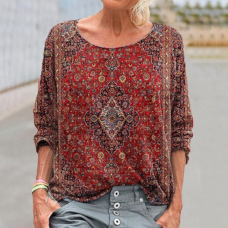 Per donna Camicia Boho Blusa Patchwork Stampato Grafico Vintage Elegante Classico Manica Lunga Girocollo Top Regolari Quotidiano Ferie Uscire Rosa Vino Blu marino Cachi Rosa Primavera Autunno del 2026 a $17.49 –P2