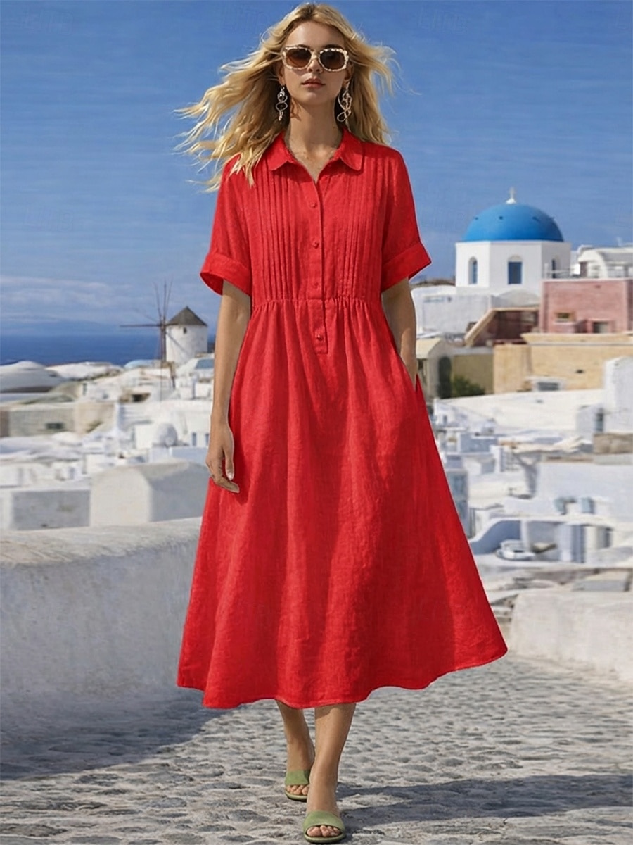 Mujer Vestido Midi Vestidos con tacto de lino Vestido de Camisa Vestido Kaftan Moda Moderno Diario Exterior Vacaciones Ajuste regular Plano Manga Corta Cuello Camisero Azul Piscina Blanco Rosa Rojo 2026 - $33.99 –P8