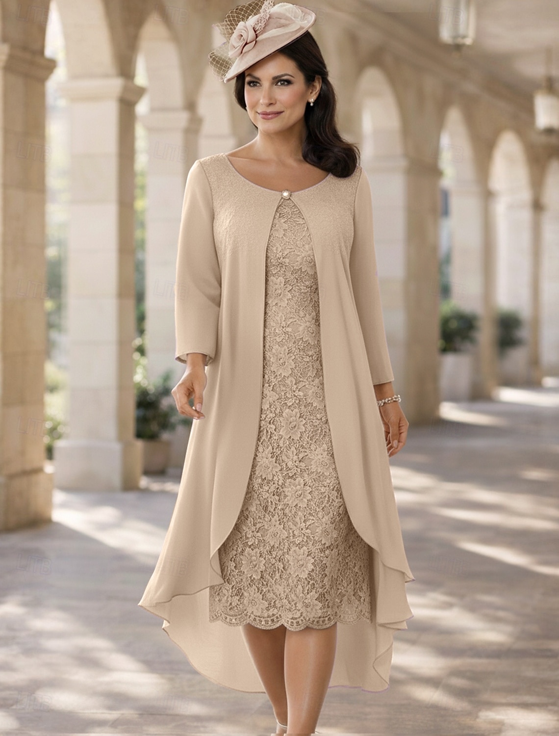 Duas Peças Linha A Longuette Vestido de convidada de casamento Vestido Para Mãe dos Noivos Manga Curta Decorado com Bijuteria Elegante Tamanhos Grandes Convidado do casamento Festa de Casamento de 2026 por $157.99 –P3