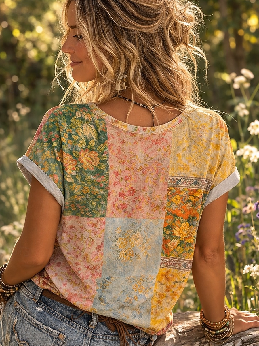 Per donna Maglietta Stampato Floreale Grafico Bohemien Vintage Casual Manica Corta Scollo a V Top Regolari Quotidiano Verde primavera Giallo Rosa Verde militare Verde scuro Estate Primavera del 2026 a $21.99 –P2