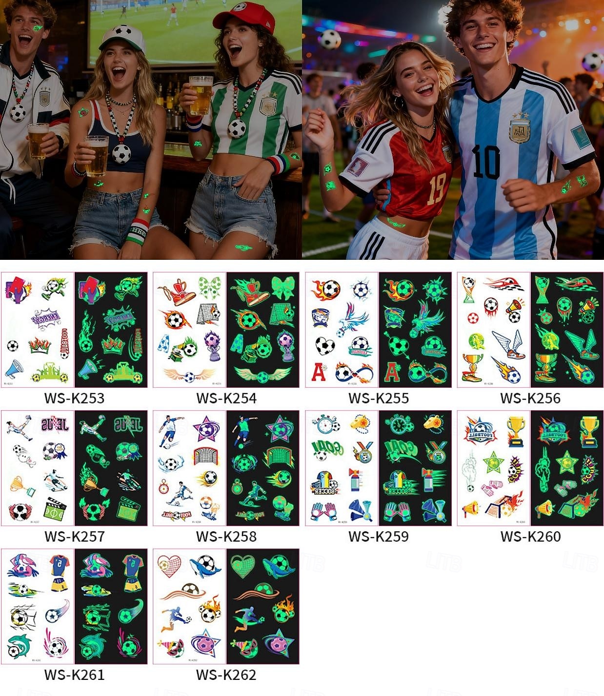 10 db sötétben világító foci ideiglenes tetoválás, neonzöld reaktív, vízálló &könnyen eltávolítható testfesték, játékosokkal, trófeákkal, lángokkal díszítve, tökéletes fociparti ajándékok &ajándékok 2026 - $9.99 –P1