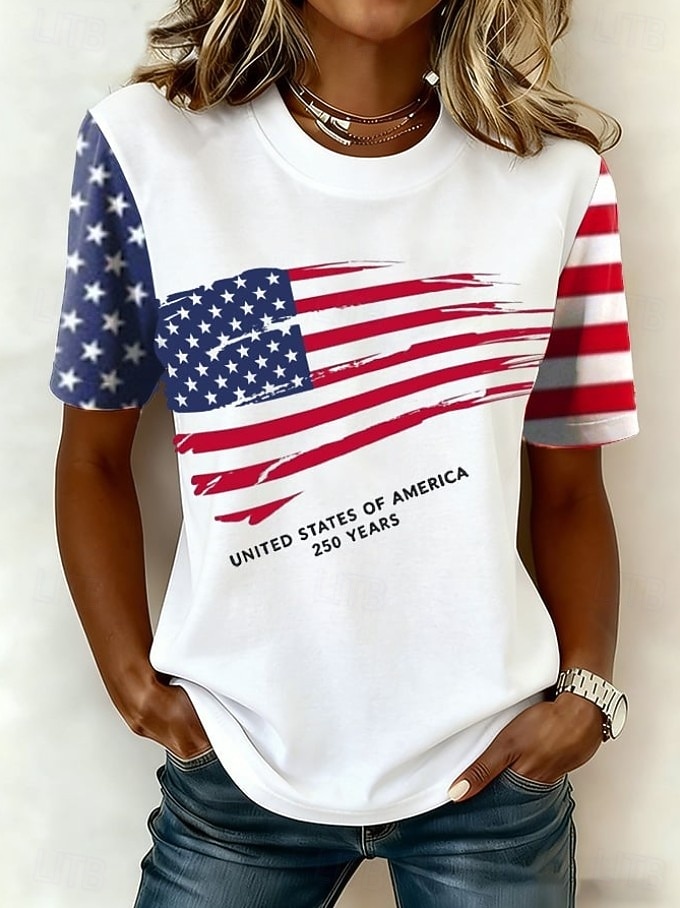 Giorno dell'Indipendenza Americana Per donna Maglietta Stampato Grafico Bandiera Lettera Vintage Elegante Classico Manica Corta Girocollo Top Regolari Quotidiano Nero Bianco Rosso Estate Primavera del 2026 a $22.99 –P2