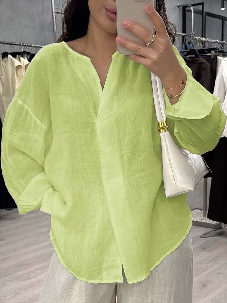 Damen Bluse Baumwollhemd Einfarbig Täglich Stilvoll Basic Langarm V Ausschnitt Normale Oberteile Täglich Blau Weiß Gelb Rosa Grün Sommer Frühling Herbst 2026 - $27.99 –P4