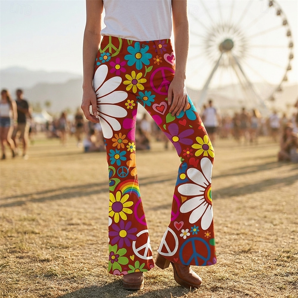 Retro Vintage Boho 1970s Pants Bell Bottom Pants Hippie Disco High Waist Floral Peace Symbols Fancy Dress Women's Halloween Carnival Music Festival Retro Theme Party Adults' Pants 2026 - $35.99 –P4