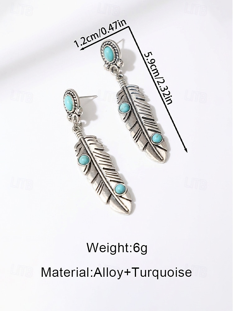 Women's Boho Alloy Turquoise Leaf Dangle Earrings, Vintage Western Feather Statement Earrings for Casual Wear, Travel, Vacation and Resort Styling 2026 - $7.99 –P8