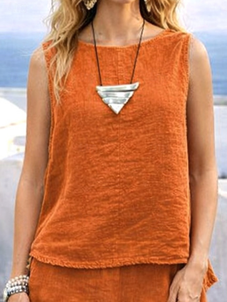 Women's Pants Sets Faux Cotton Linen Sleeveless Round Neck Solid Color Elegant Fashion Streetwear Casual Daily Outdoor Orange Summer Regular Fit 2026 - $34.99 –P2