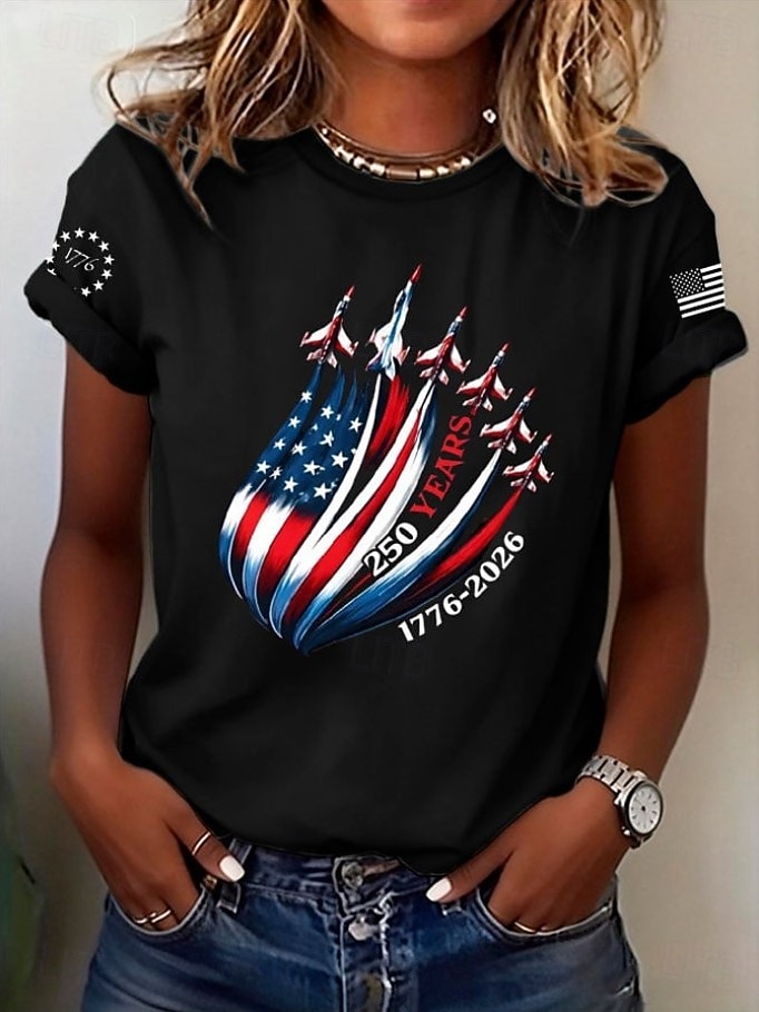 Amerikansk uavhengighetsdag Dame T skjorte Trykt mønster Grafisk Flagg Bokstaver Årgang Stilfull Klassisk Kortermet Crew-hals Vanlige topper Daglig Blå Aske Svart Hvit Sommer Vår 2026 - $22.99 –P5