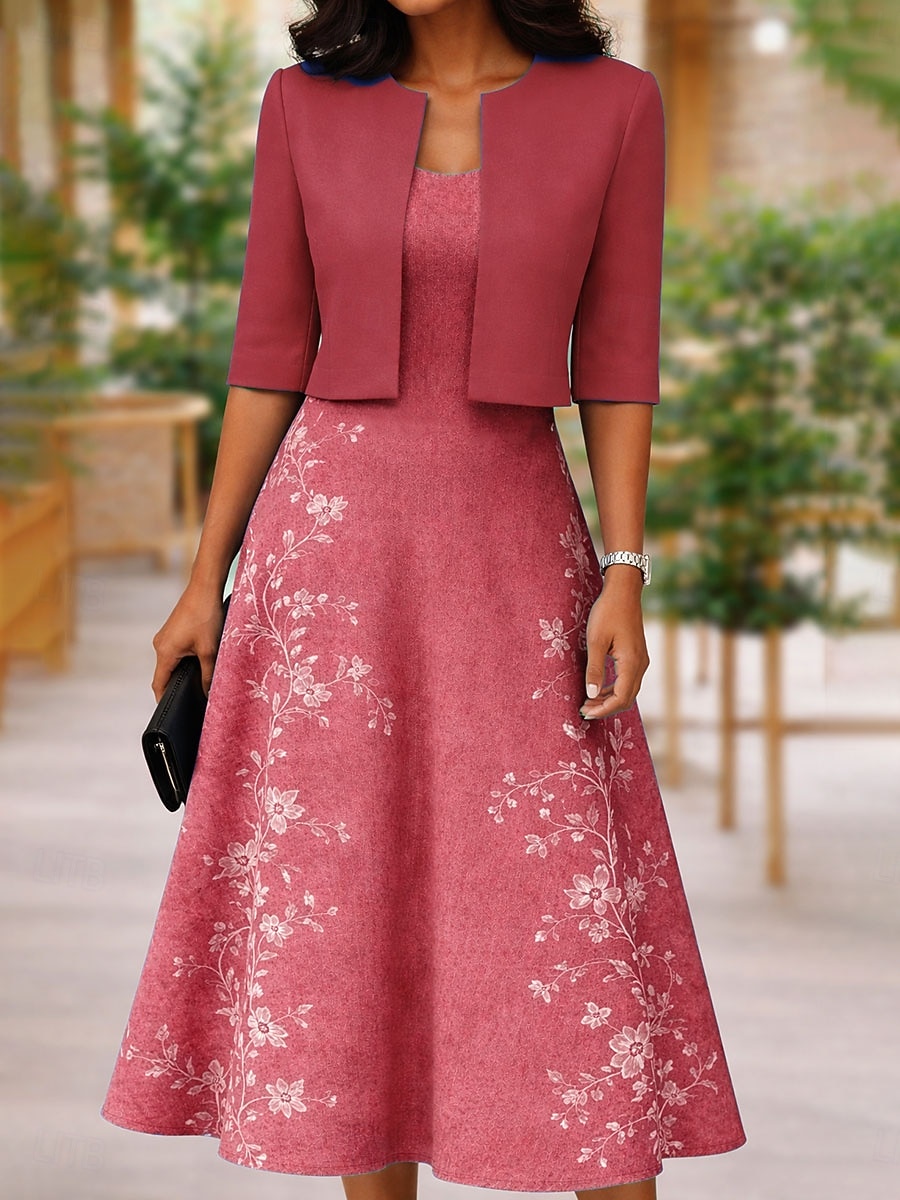 Mulheres conjunto de vestido Vestido midi Vestido A Line Elegante Casual Floral Gráfico Imprimir Vestido midi Meia Manga Decote V Diário Azul Vermelho Roxo Verão Primavera Normal de 2026 por $41.99 –P4
