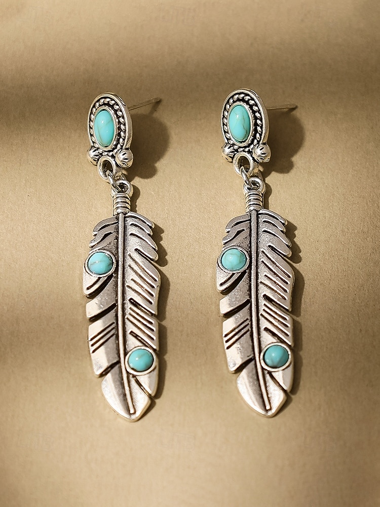 Pendientes colgantes de hoja turquesa de aleación estilo boho para mujer, pendientes llamativos de plumas de estilo western vintage para uso casual, viajes, vacaciones y estilo resort. 2026 - $7.99 –P5