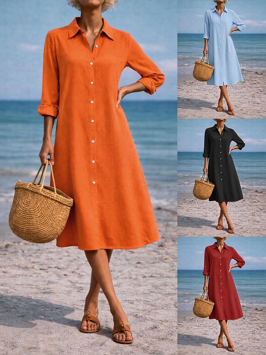 Damskie Sukienka midi Sukienka koszulowa Codzienne sukienki Sukienka A line Sukienka z imitacji lnu Moda Podstawowy Nowoczesny Codzienny Urlop Wyjściowe Regularny Równina Długi rękaw Kołnierzyk 2026 - $26.99 –P2
