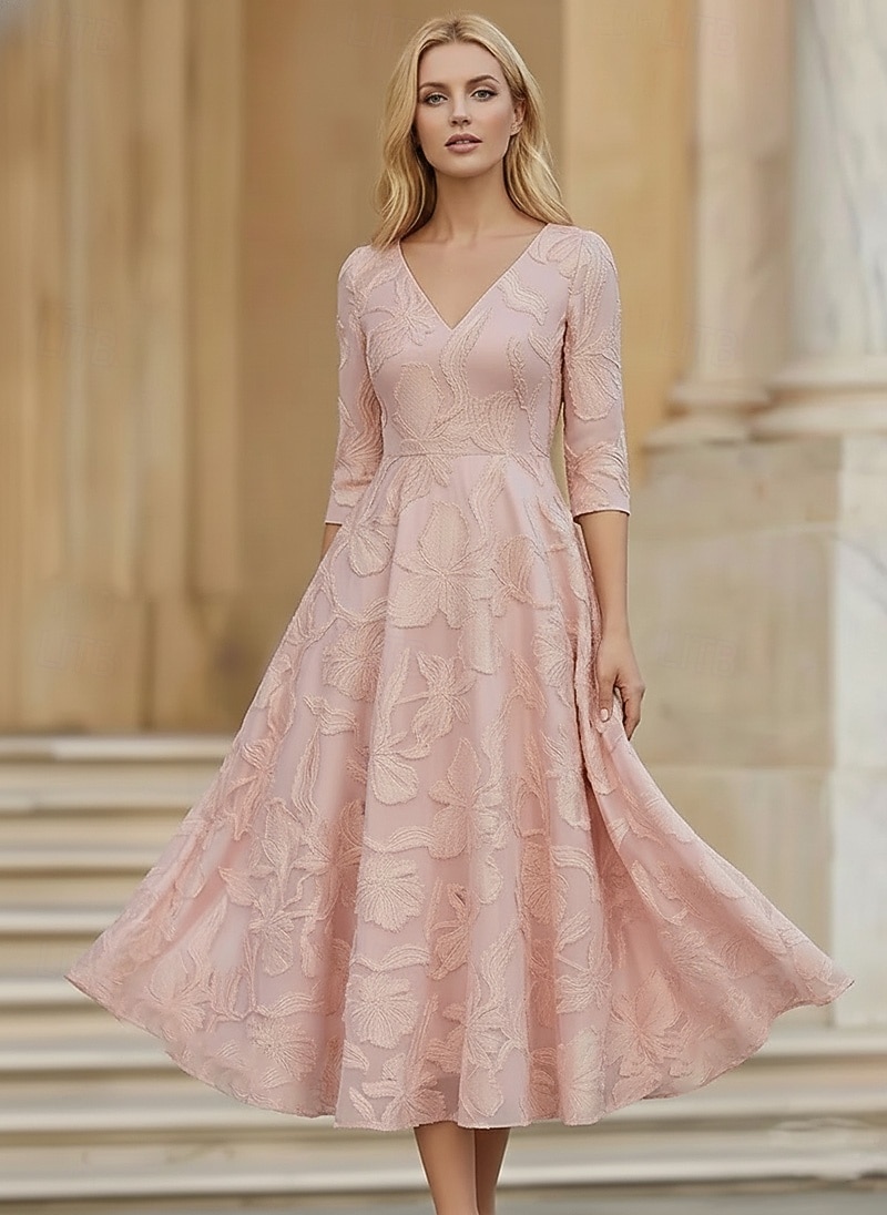 A-linje Ankellengde Te-lengde Formell kjole Cocktailkjoler Elegant 3/4 ermer V-hals Bryllup Formell Sateng Jacquard med Dusk 2026 - $185.99 –P7