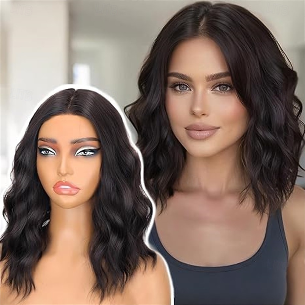 Peruca preta natural de 35 cm (14 polegadas) para mulheres - peruca ondulada na altura dos ombros com risca ao meio, corte bob ondulado natural em fibra sintética resistente ao calor, ideal para uso de 2026 por $31.99 –P4