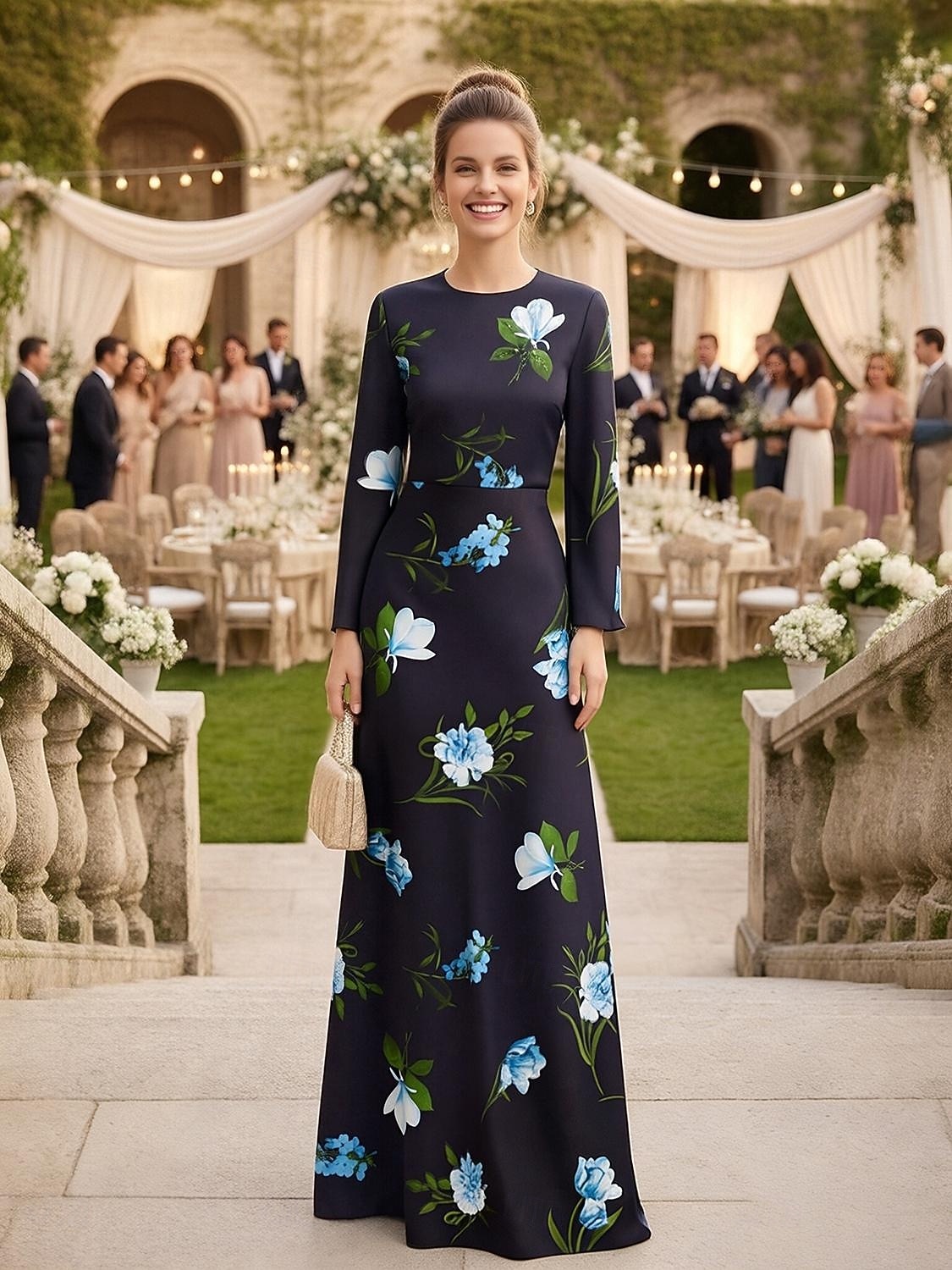 A-Line Floor Length Wedding Guest Dress Formal Dresses Evening Gown Mother of the Bride Dress Long Sleeve Crew Neck Elegant Formal Satin with Floral Print 2026 - $195.99 –P1